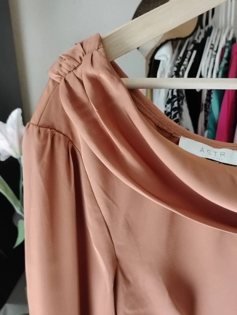 Astr Off-Shoulder Satin Blouse in Rust Copper